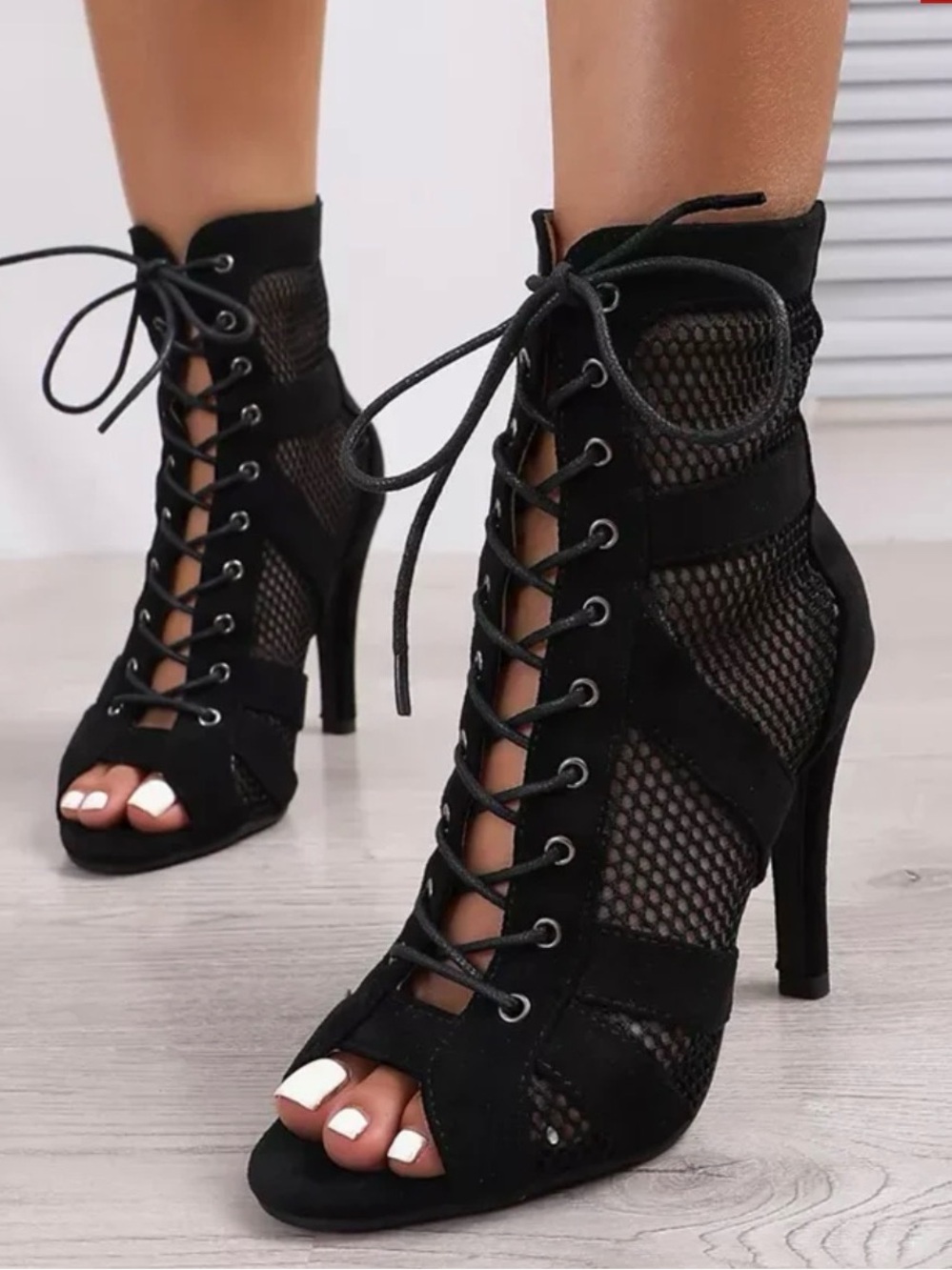 Dance & Sway Women's Lace-Up Mesh Peep-Toe High Heel Booties - Black